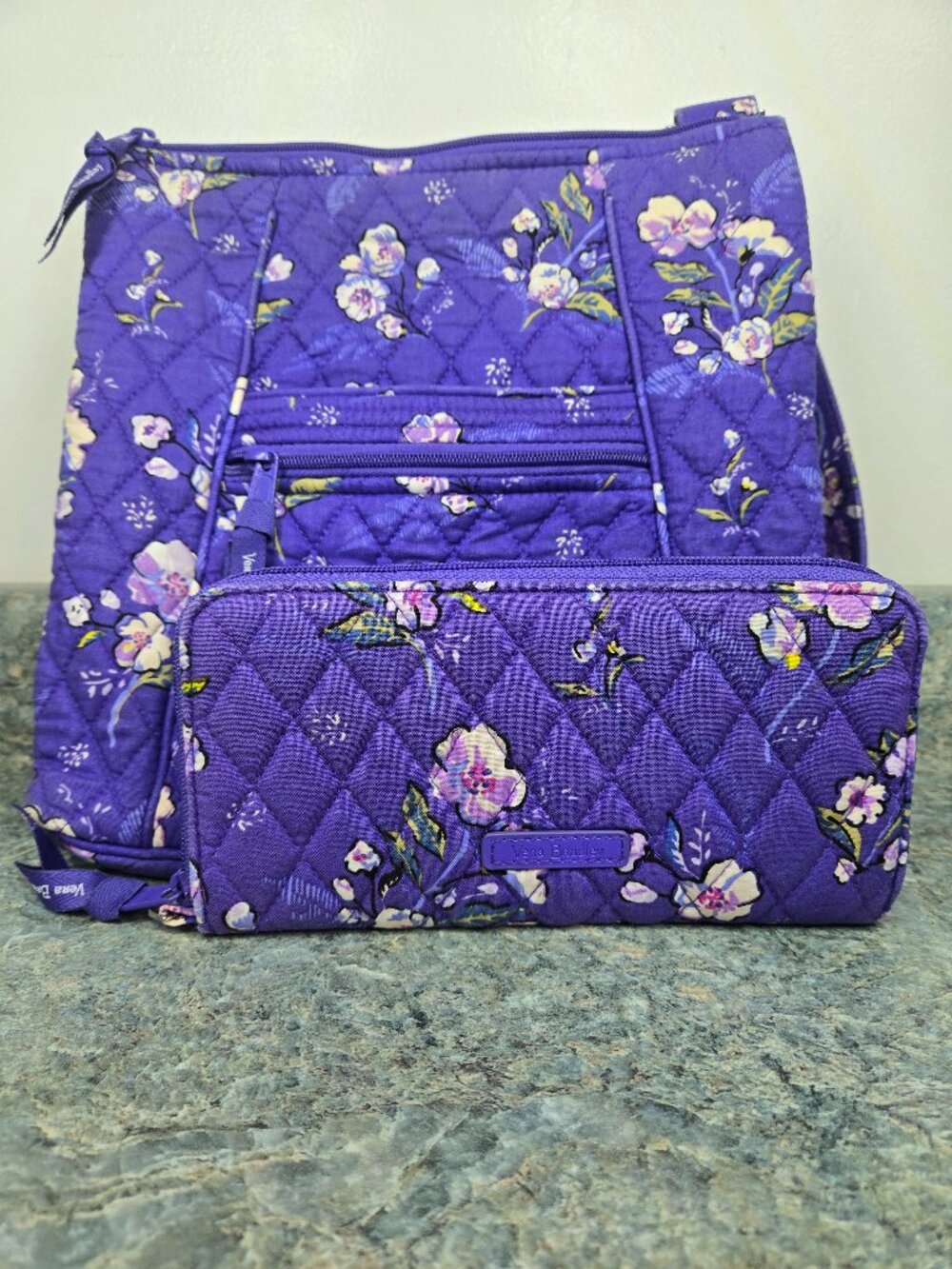 Vera Bradley Wild Roses Purple Quilted Crossbody Bag & Zip Wallet Set